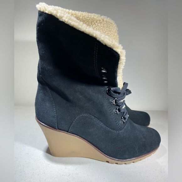 Kelsi Dagger Leather Suede Lace Up Wedge Boots Booties 10 M Black - Picture 1 of 5